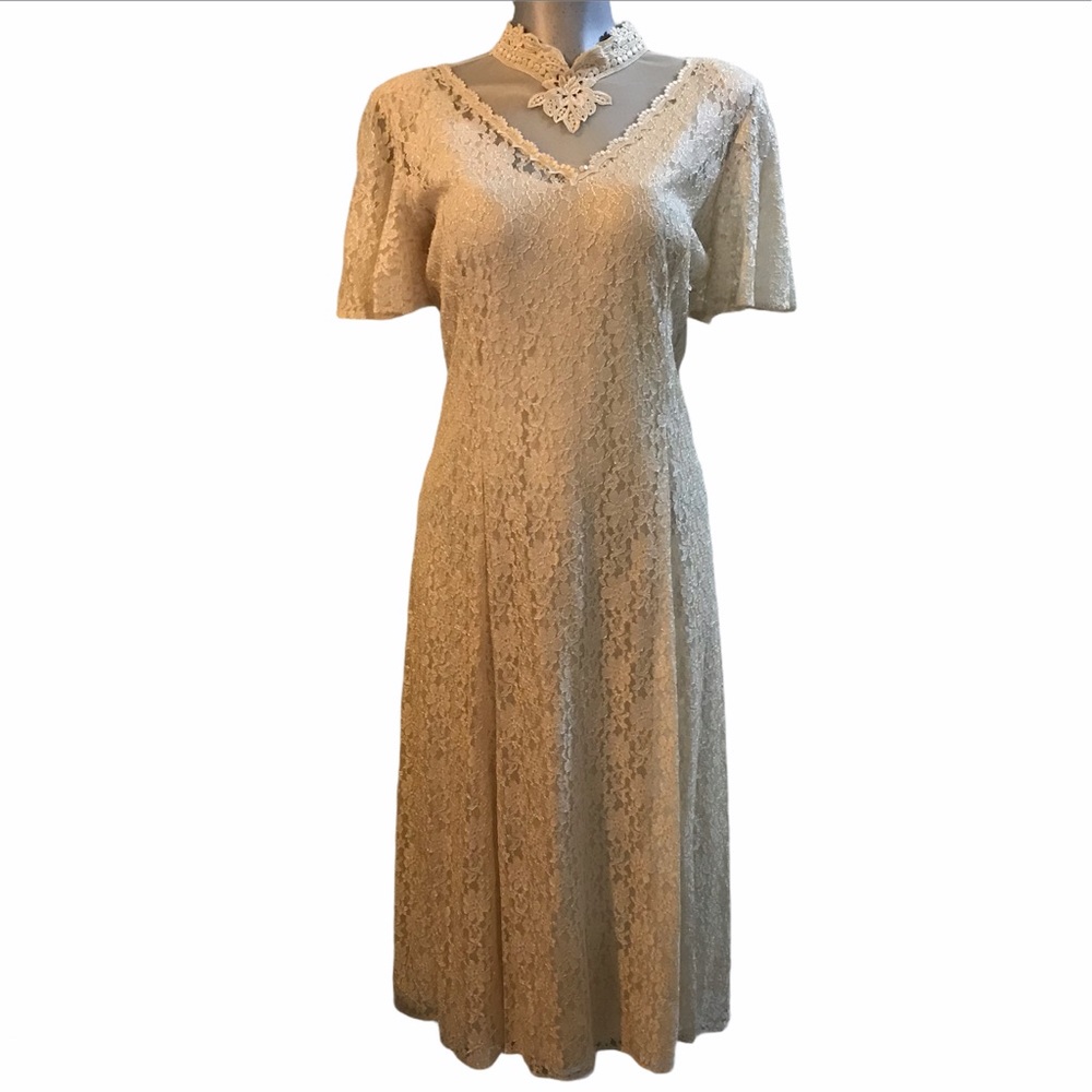 80s 90s Vintage Formal Dress Lace Bridal Cottagecore Boho Victorian Medium Beach